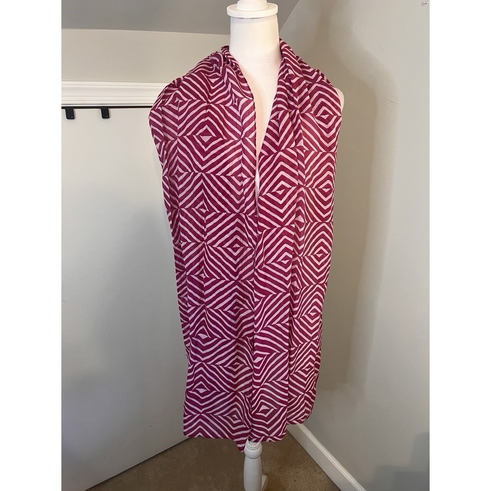 Eileen Fisher Geo Print Raspberry Red And White Silk Cotton Scarf